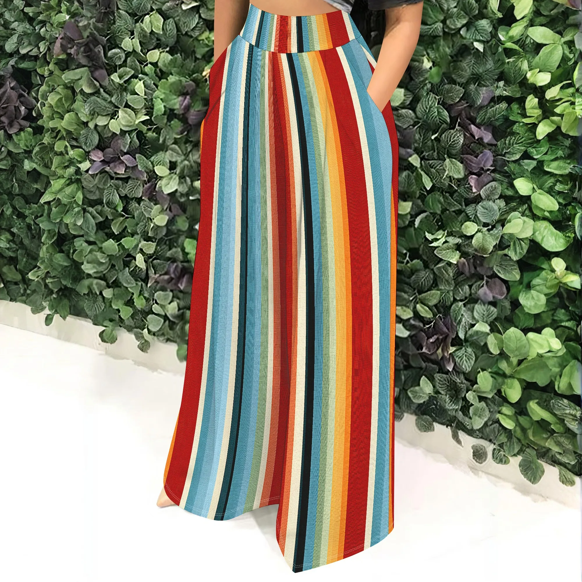 Colorful Striped High Waisted Wide Leg Pants, Casual Loose Fit Trousers, Pockets Summer Beach Vacation Wear, S-2XL