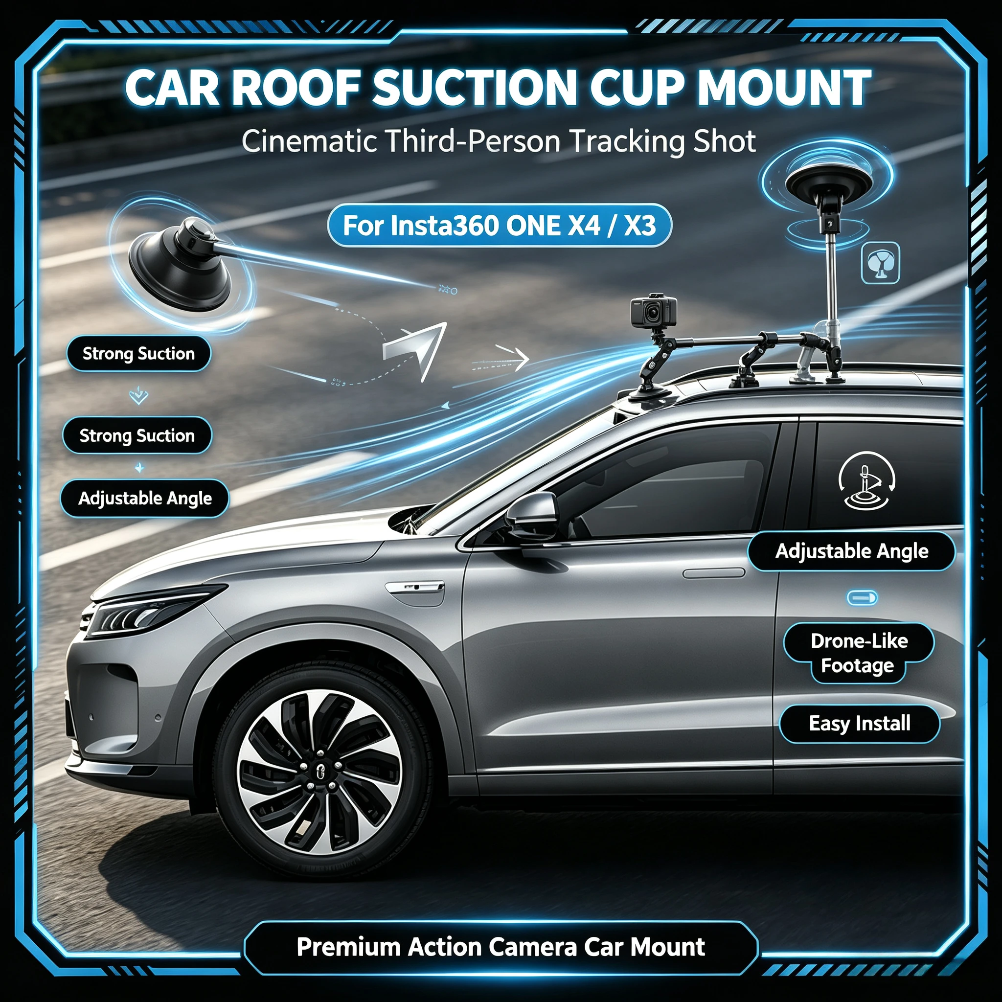 Premium Car Roof Suction Cup Mount for Insta360 ONE X4/X3 | Cinematic Third-Person Tracking Shot & Drone-Like Footage