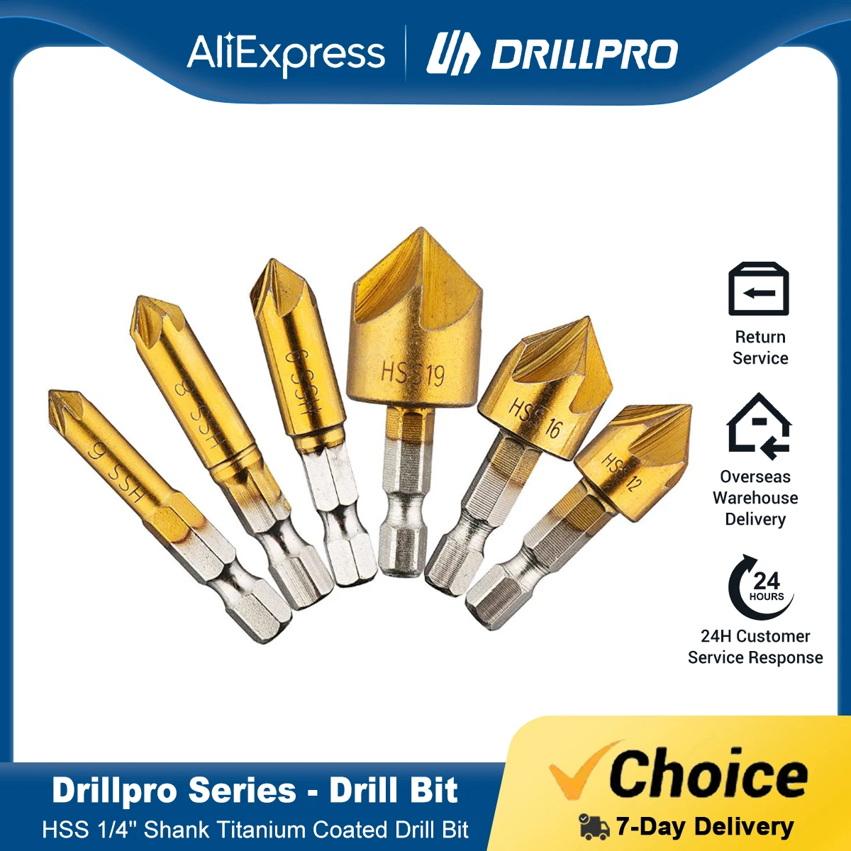 6 Pcs/lot 6mm-19mm 5 Flute HSS Countersink Chamfer Drill Bit 1/4" Shank Titanium Coated Woodworking Core Power Tool Accessories