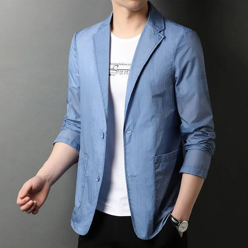 الصيف رقيقة نمط الحرير الجليد دعوى رجال الأعمال الشؤون الاتجاه غير رسمي بلون مصممة طوق التهوية الكورية معطف نحيف JJ178