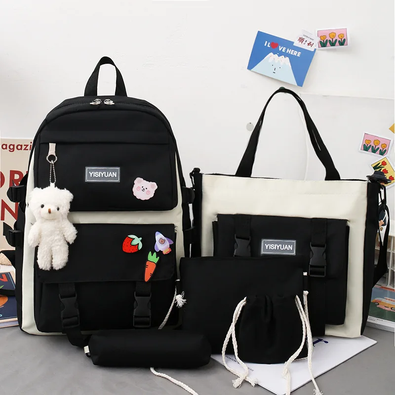 Student Mode 5/pce Set Schul Mädchen Einfache Kinder Rucksack Farbe Blockieren Wirbelsäule Schutz Große Kapazität Koreanische Version