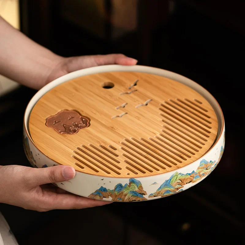 Household tea sea drain tray ceramic round water storage tray office meeting guests dry brewing tea table tea set tray
