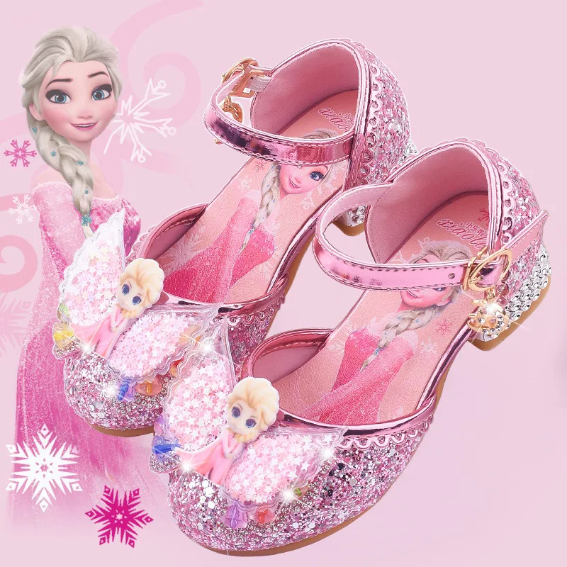 2024 Disney Frozen Kids Leather For Girls Children High Heel Elsa Princess Casual Glitter Party Dress Shoes With Butterfly Knot