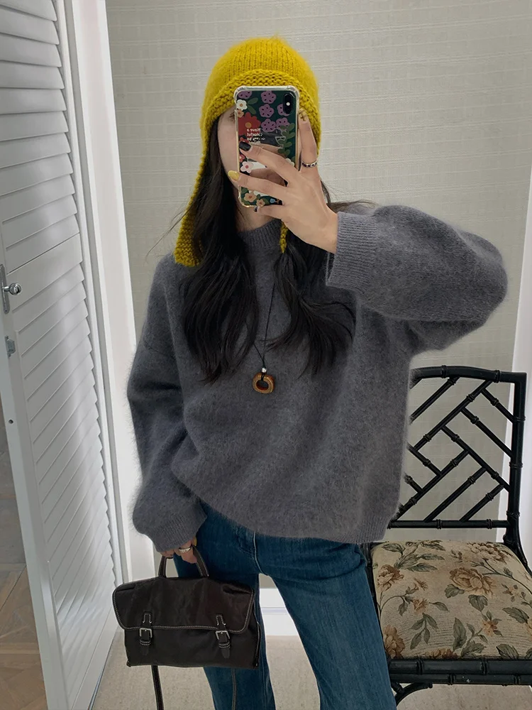 

Утепленный свитер из кроличьего пуха, очень большой размер, пушистый, уютный, создающий атмосферу комфорта, женский вязаный свитер с круглым вырезом, повседневный, зимний, теплый