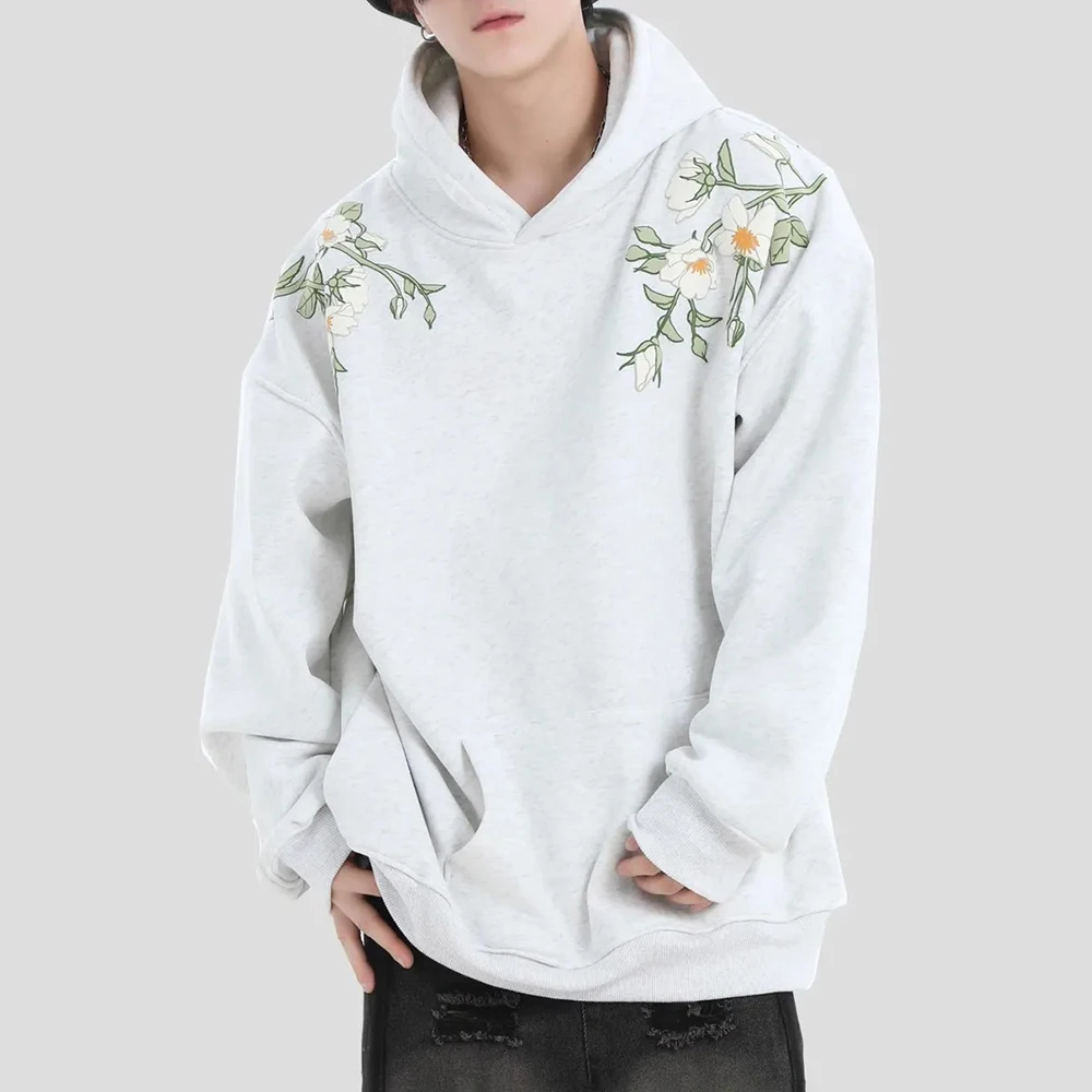 Men Embossed Flower Vine Plus Velvet Casual Hooded Sweatshirt Spring Streetwear Fashion Youth Campus Couple Tops Unisex 2025 New