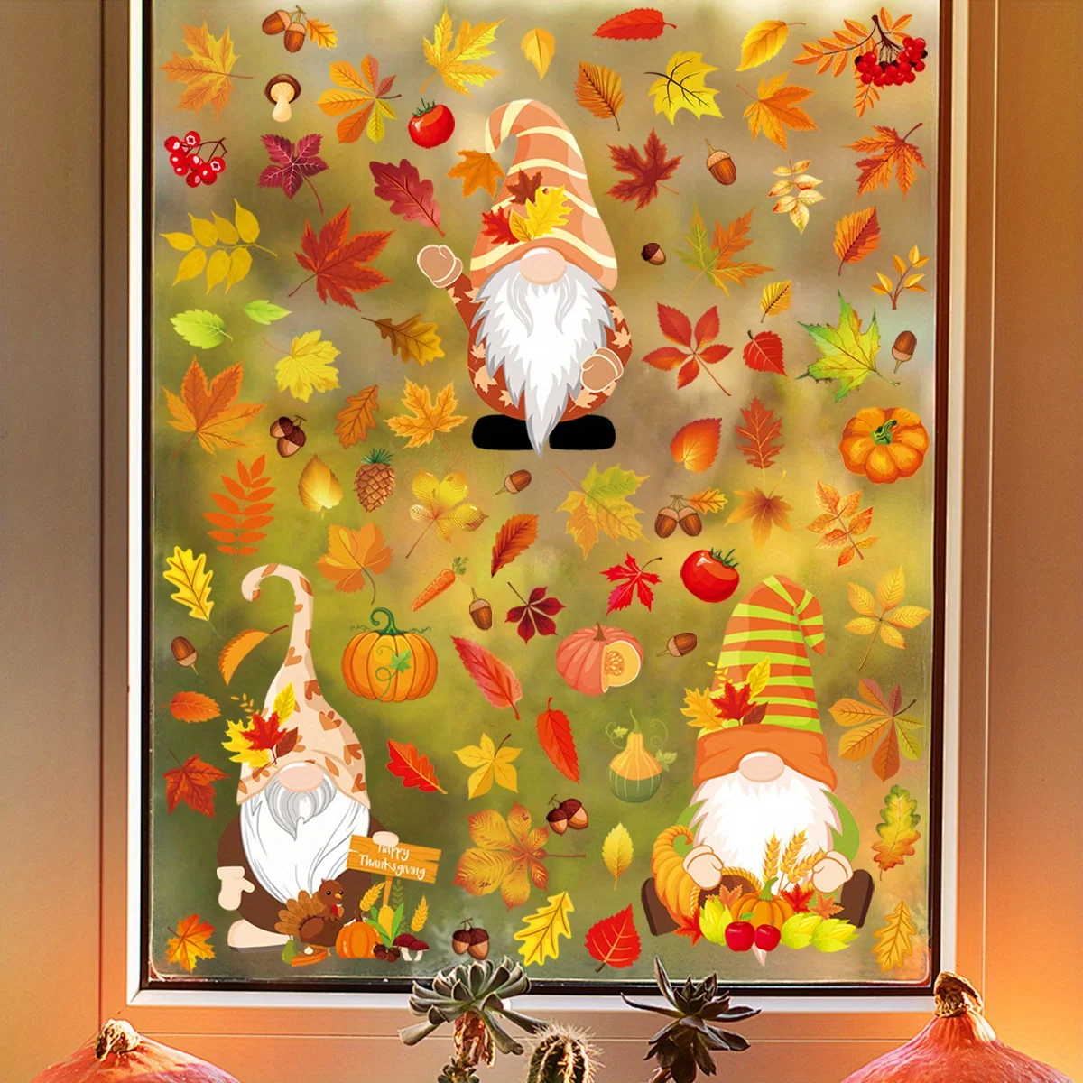 Thanksgiving Autumn Decoration Window Stickers,Self-adhesive Decorations Glass Window Pictures Autumn Leaves and dwarves Sticker - Image 5