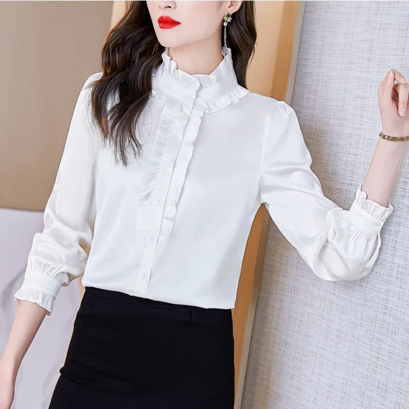 #2505 White Red Purple Grey Satin Shirt Women Ruffles Stand Collar Office Shirt Long Sleeve Womens Tops And Blouses Regular Fit