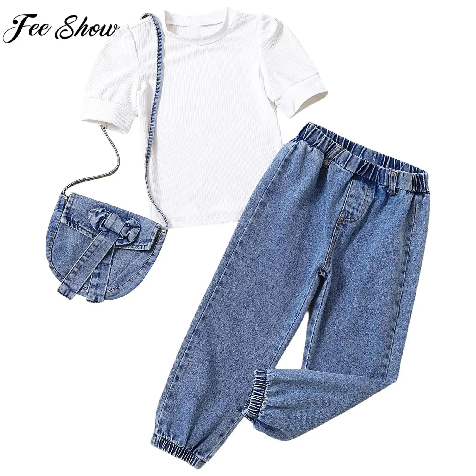 

Baby Girls Short Sleeve T-shirt Top with Elastic Waist Denim Pants Bag Summer Casual Outfit for Holiday Party Daily School Wear