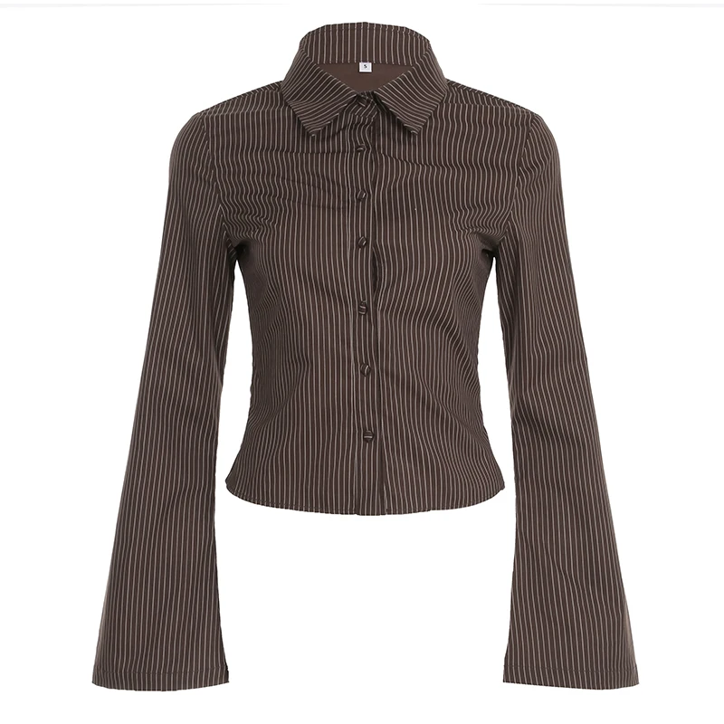 Iamhotty Vintage gestreifte Blusen braun Button-up Slim-Fit-Shirts Büro Damen High Street Turn-Down-Kragen ausgestellte Ärmel Tops