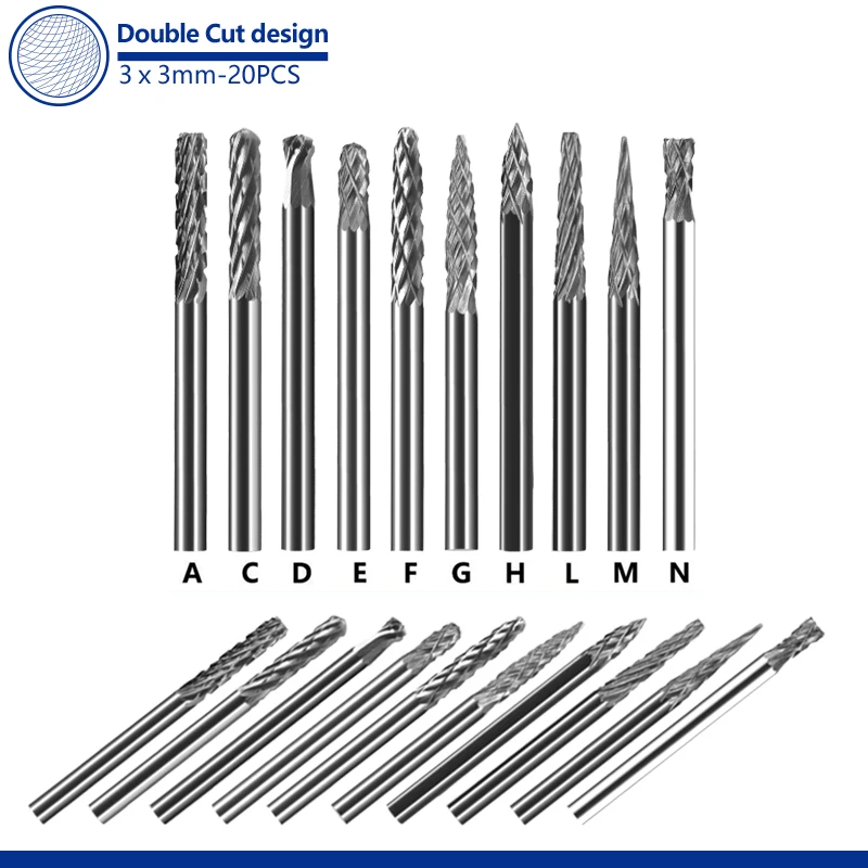 20pcs 3x3mm Carbide Burr Set Rotary File Die Grinder Bit 1/8