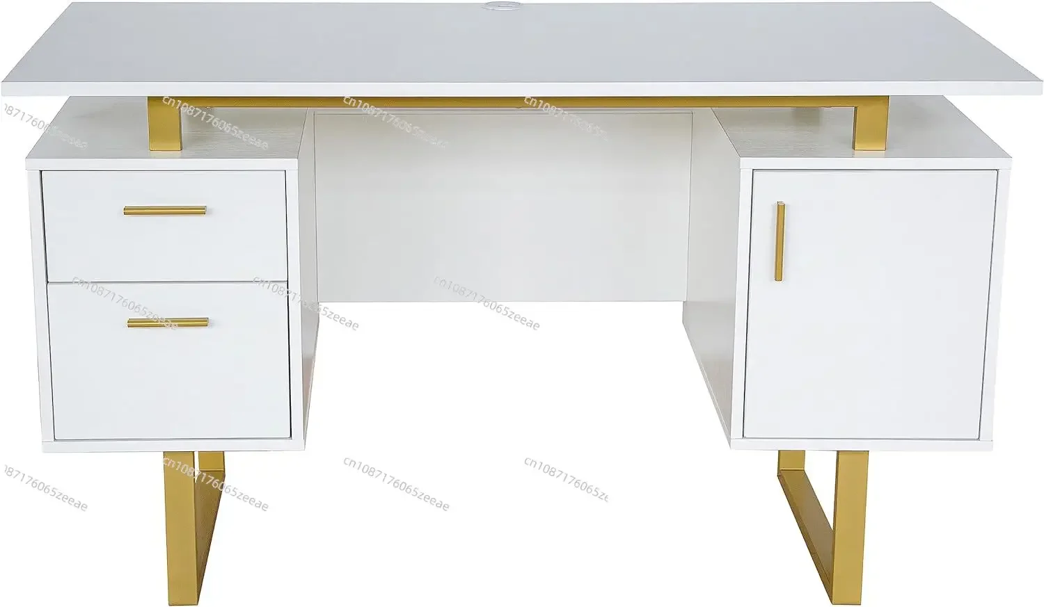 Techni Mobili Storage Drawers and Cabinet 51.25” W-Modern Office Large Floating Desktop Surface Desk, White/Gold