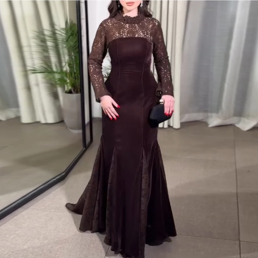 

Customized Sexy Evening Dresses for Women Lace Sleeves Elegant Mermaid Party Dress Floor Length Cocktail Gowns