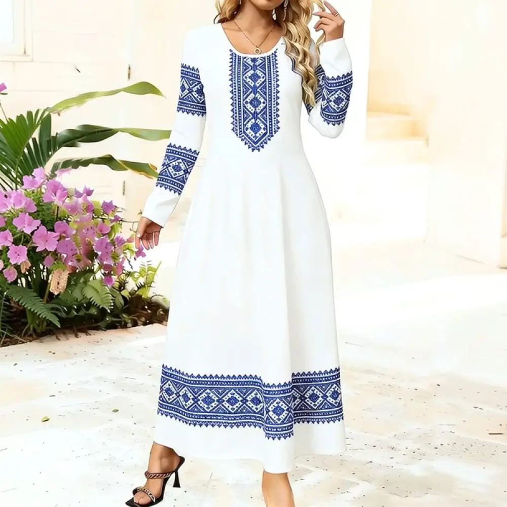 Vintage Rose Pattern Dress Women Ethnic Floral Print Maxi Loose Fit Long Sleeve Breathable Vacation Beach Party Outfit