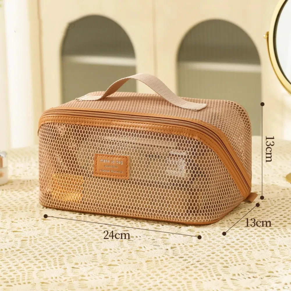 Portable Solid Color Mesh Cosmetic Bag Lightweight Large Capacity Zipper Bags Space Saving Makeup Pouch for Travel