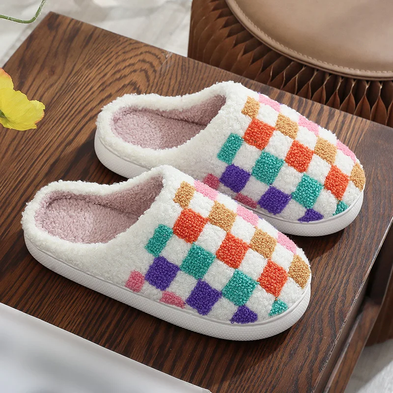 Rainbow Plaid Couple Cotton Slippers Lightweight Soft Sole Winter Home Slippers Women Indoor Bedroom Flat Non Slip Plush Slides