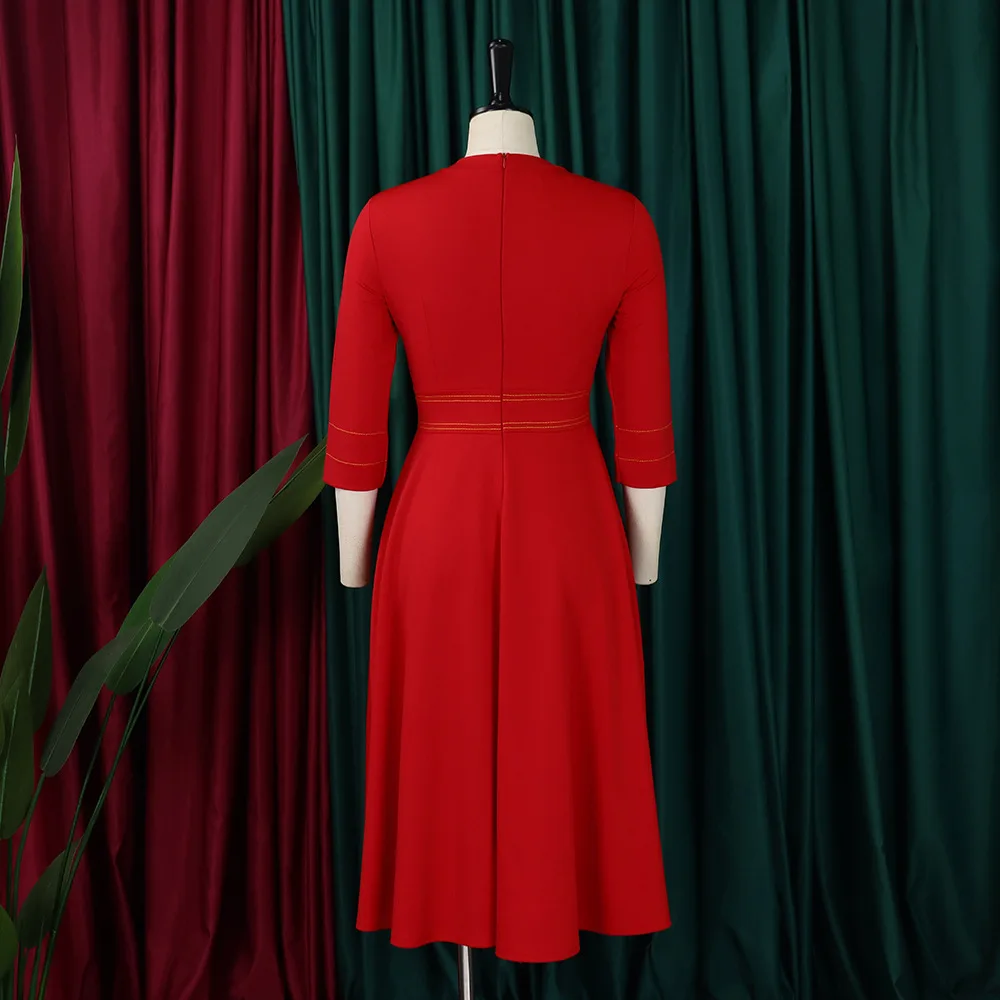 JENYAGE Damen Einfarbiges Dehnbares Kleid mit Stehkragen, Goldener Paspelierung, 3/4-Ärmeln, A-Linie, Midi-Länge, Elegantes Büro- und Partykleid in Übergröße – Detail 7