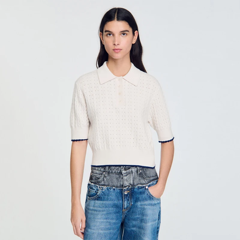 

S Home Early Autumn New Women's Knitted ort Top Button Flip Collar Hollow out Design Faionable Commute Sle Pure Color