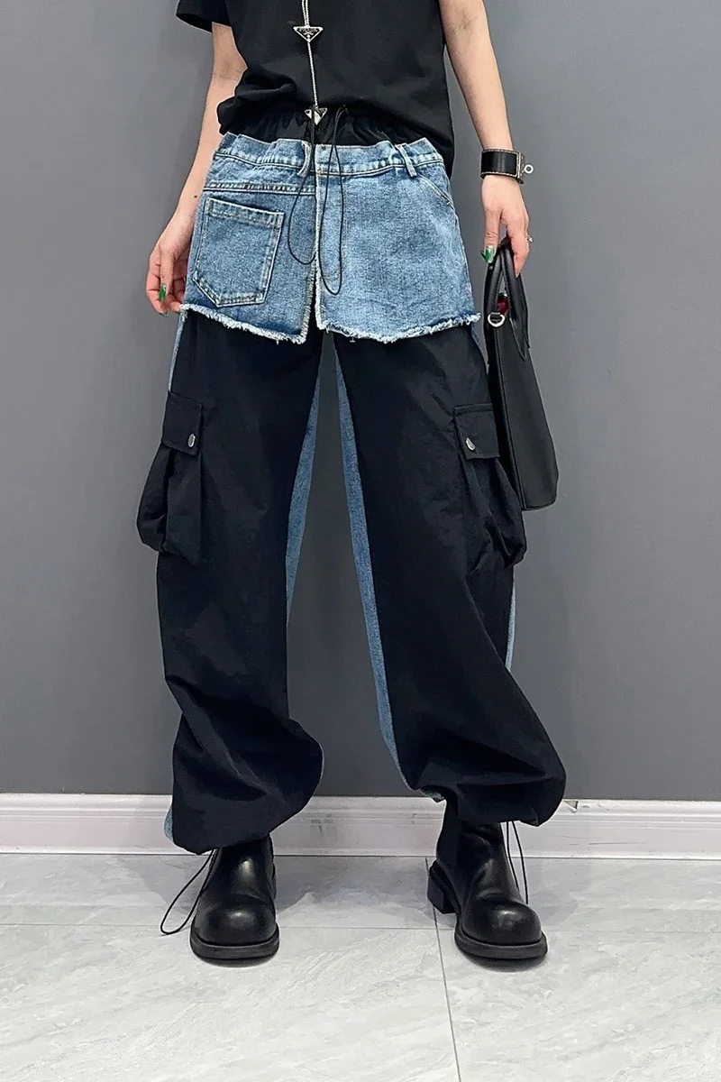 

SuperAen 2023 Winter New Korean Style Splicing Denim Contrast Straight Tube Trouser Single Piece Pants Fashion Women's Pants