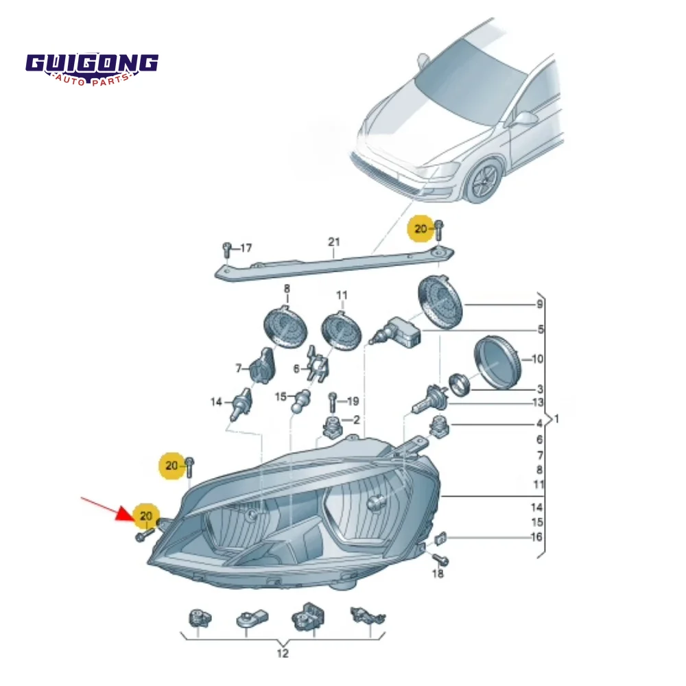 GUIGONG Headlight Adjustment Screw Eccentric M6*40 for VW Golf 7 Jetta Bora T-Roc Lavida Lamando Tiguan L WHT007527 Accessory