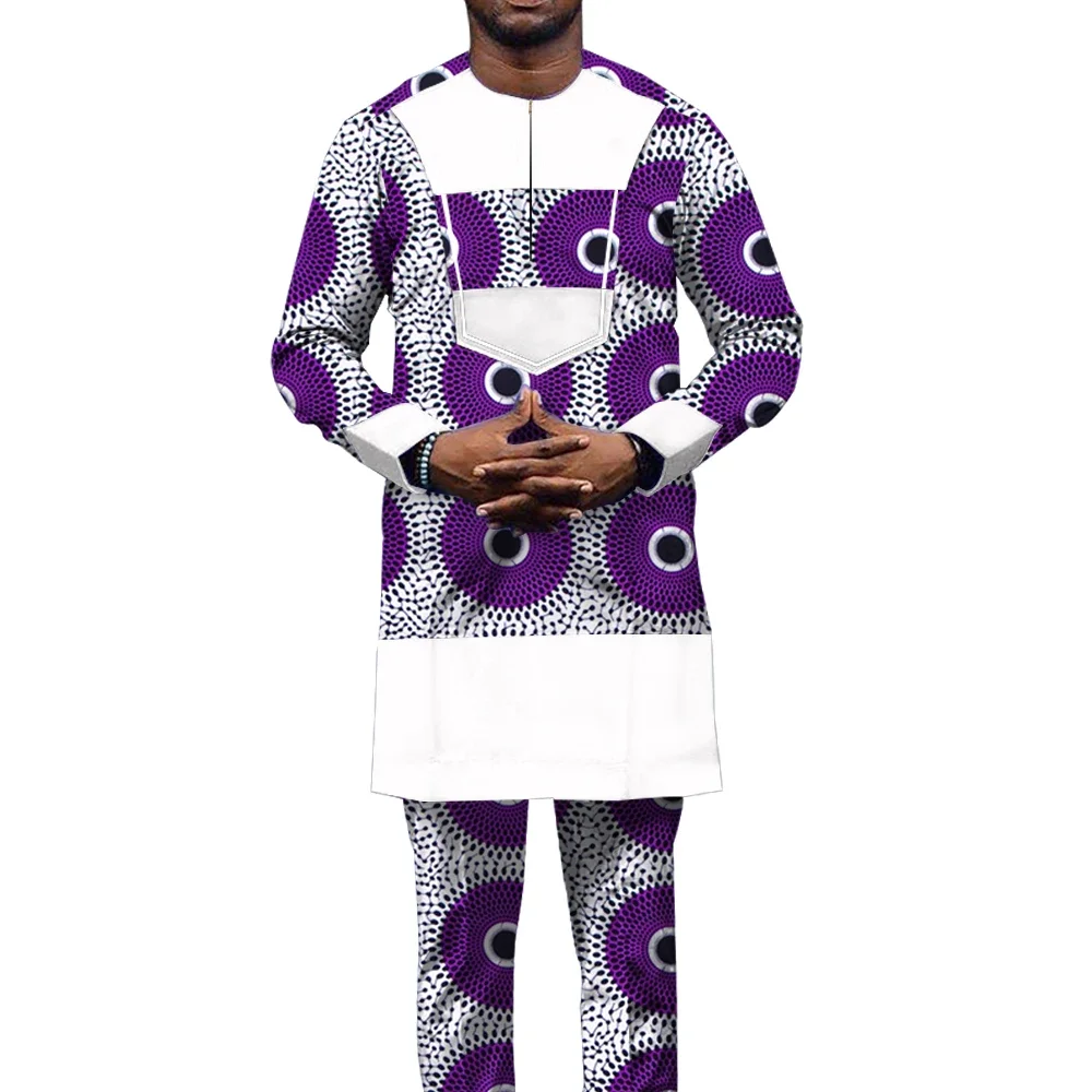 Hip Hop Robe African Men\'s Shirts and Pants Bazin Riche 2 Piece of Sets Africa Clothing Dashiki Outfits Floral Costume WYN1448