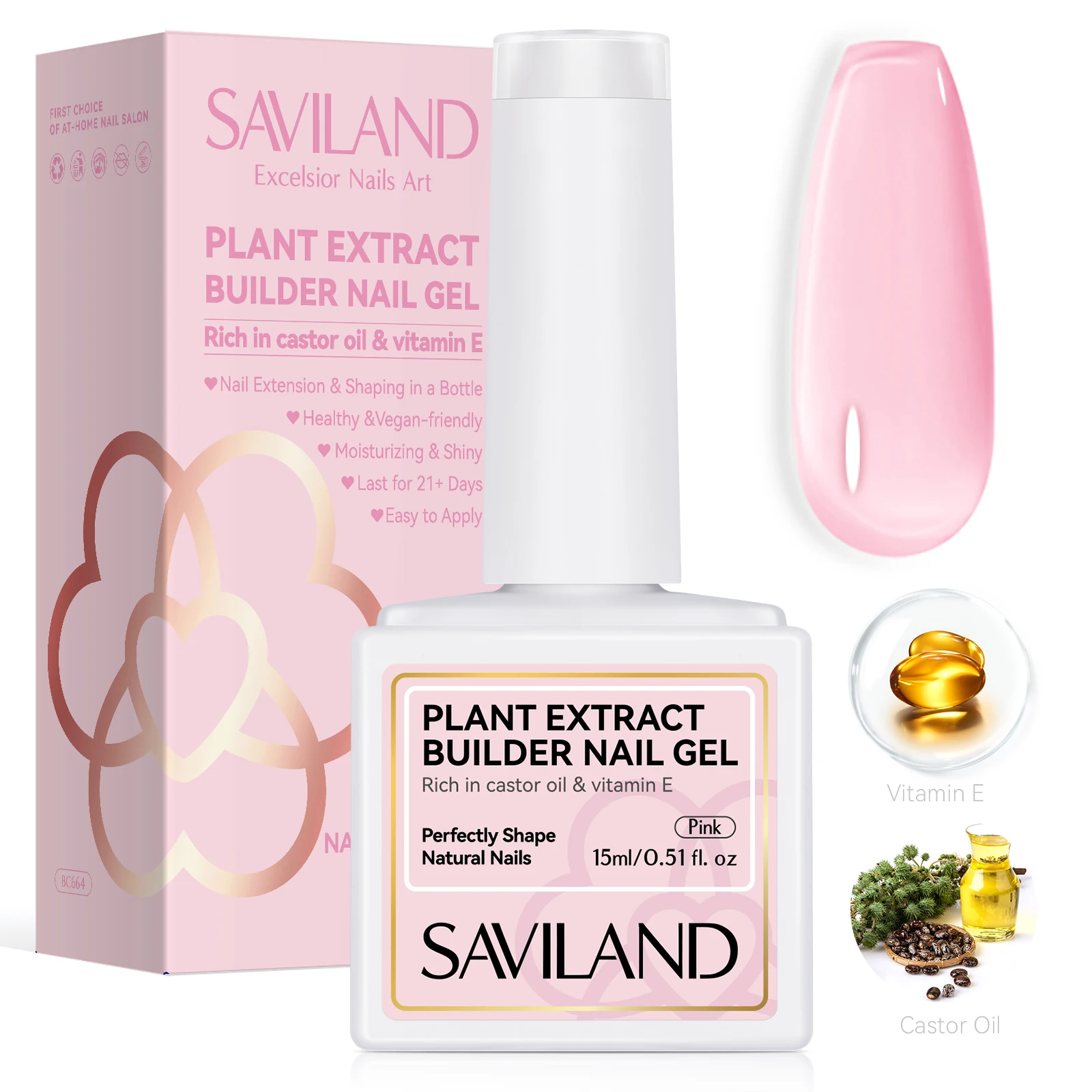

SAVILAND 15ml Pink Builder Nail Gel Hard Gel Nail Strengthener Hardener with Castor Oil Vitamin E for Nail Extension Repair