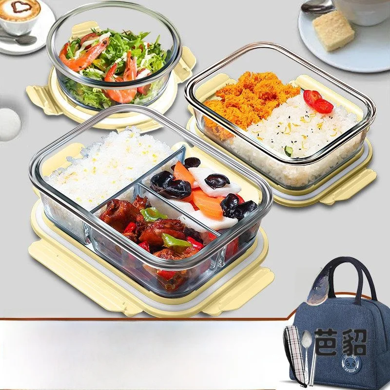 Microwave Safe Glass Lunch Box with Lid Freshness Preservation Container for Office Workers Three Compartment Stackable Set view 2