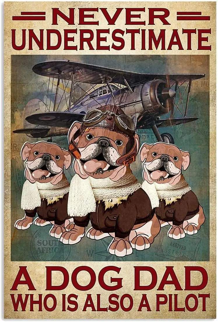 Dog Pilot Lover Never Underestimate A Dad Who is Also Rustic Wall Decor Retro Poster Plaque Metal Tin Sign Home Gift for Friends