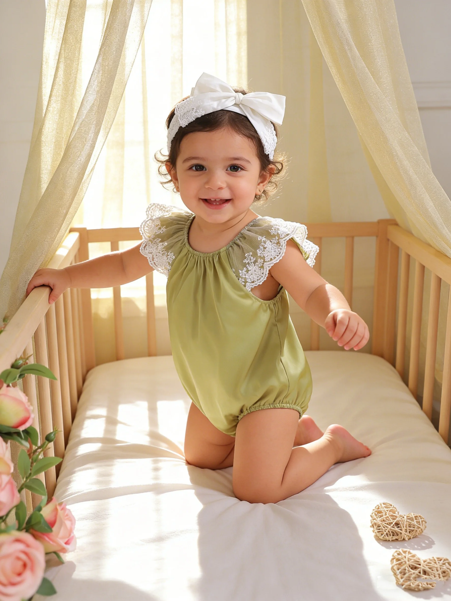 

Летний комплект для новорожденных: комбинезон цвета авокадо с кружевной отделкой и повязка на голову, аксессуары для младенцев