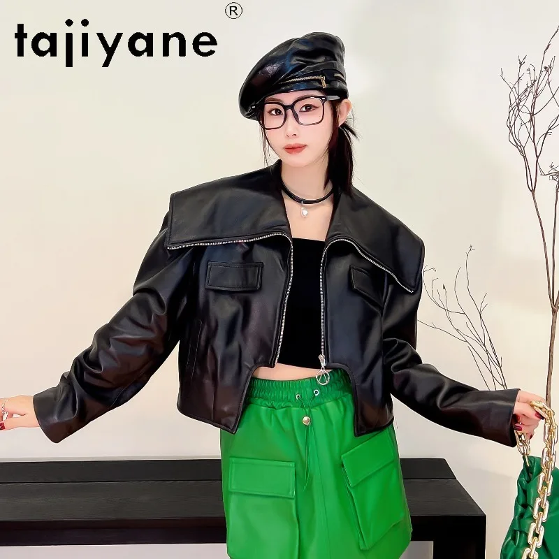 TAJIYANE Genuine Leather Jacket Woman Sheepskin Color‑block Leather Coat Big Lapel Cropped Jackets for Woman Outerwear Jaqueta