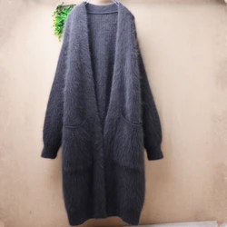 Women Mujer Autumn Winter Thick Warm Hairy Angora Rabbit Hair knitted Long batwing Sleeves Loose Long Sweater Cardigan Coat Pull