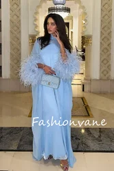 Fashionvane 2024 Customized A-Line High Neck Sleeveless Feather Chiffon Floor Length Long Prom Dress Evening Dress