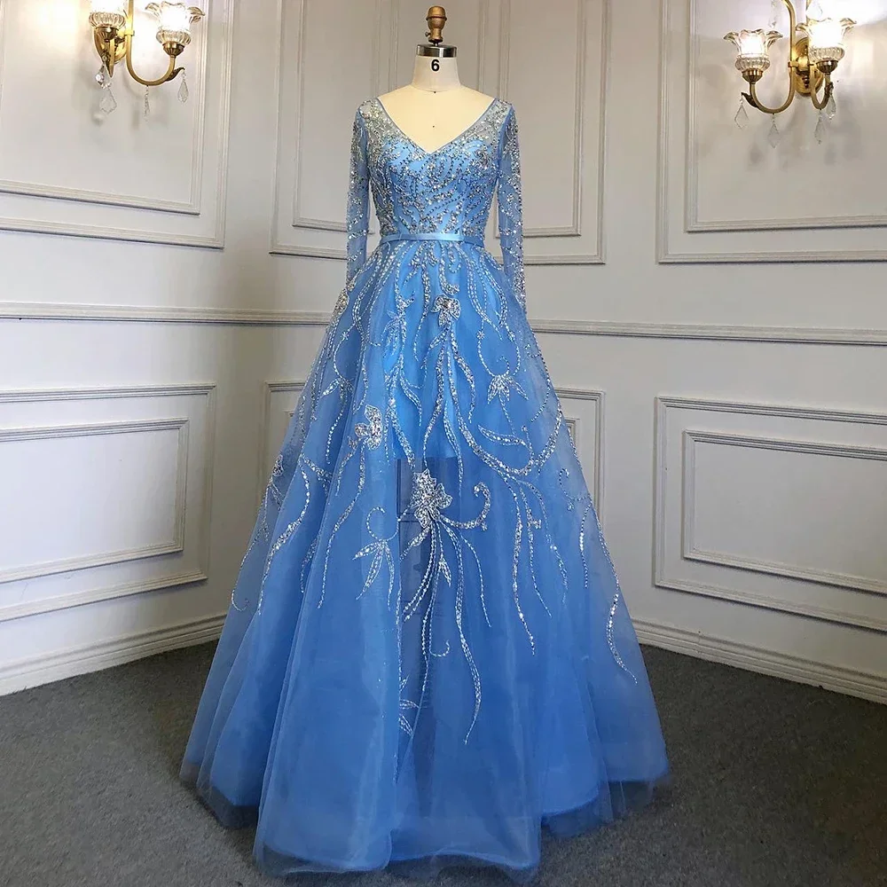 Robe de Soirée Trapèze Bleue et Élégante pour Femme, Tenue Personnalisée avec Perles de Luxe, Manches sulf, pour ixet Oc Spécial, Arabie Saoudite