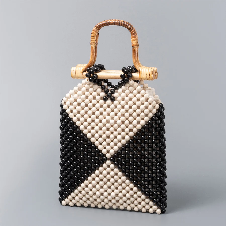 Patchwork wood bead hand-woven totes bag summer women's clutch bamboo hollowed out female Reticulate netted canvas beach handbag