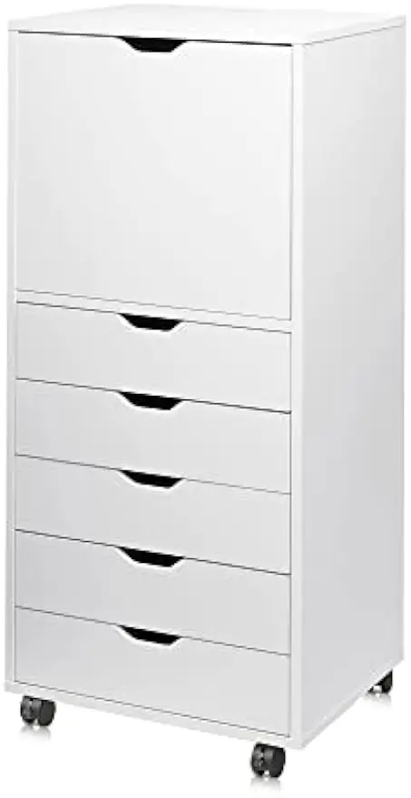 

5-Drawer Wood Dresser with Top Cabinet Storage, Mobile Chest of Drawers, Wide Storage Space for Home Office, White