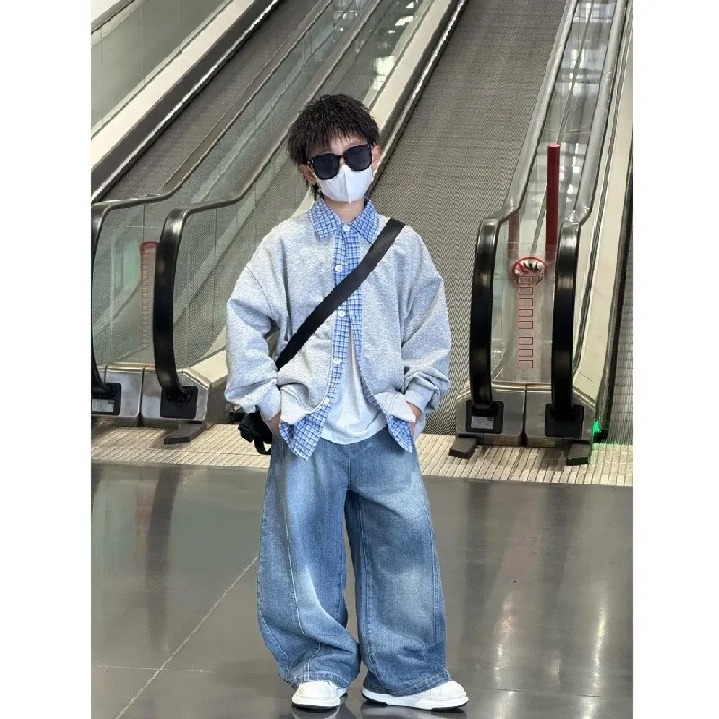 Spring Fashionable Boys' Outfit Korean Style Denim Jacket And Pants Set Breathable Single Button Closure Check Pattern