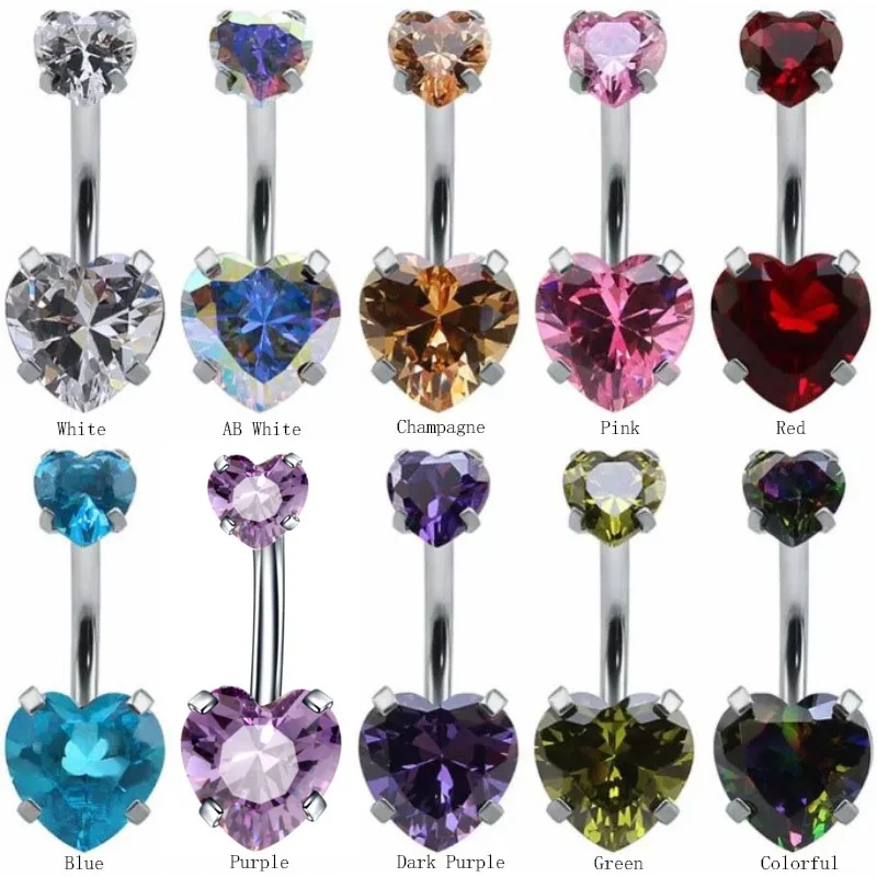 1/2pc Stainles Steel Belly Button Rings, Zercon Navel Piercing Heart Style Navel Belly Button Rings Sexy Body Piercing Jewelry