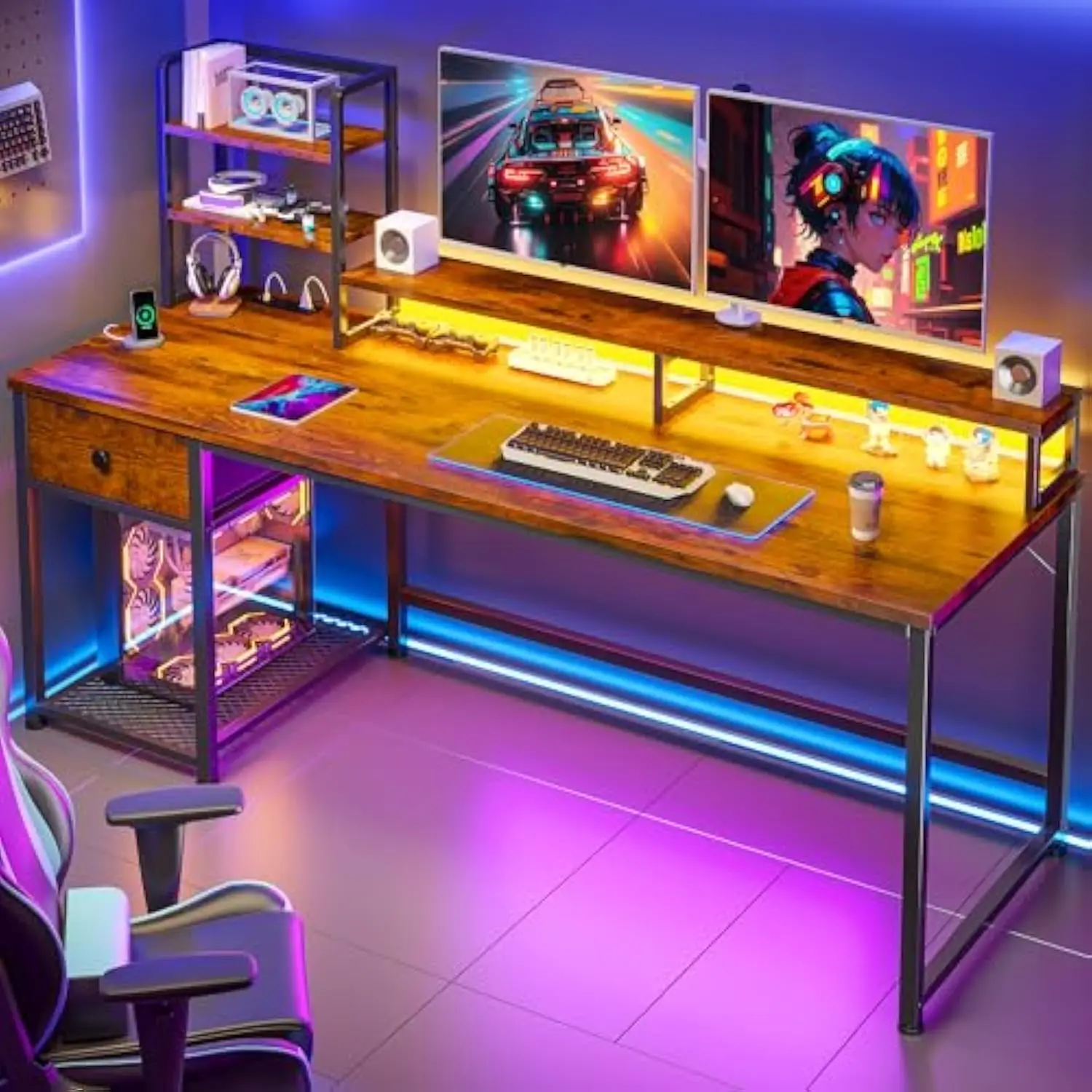

EnHomee 55" Gaming Desk with LED Lights & Power Outlets, Computer Desk with Drawers, Home Office Desks with Reversible Shelves
