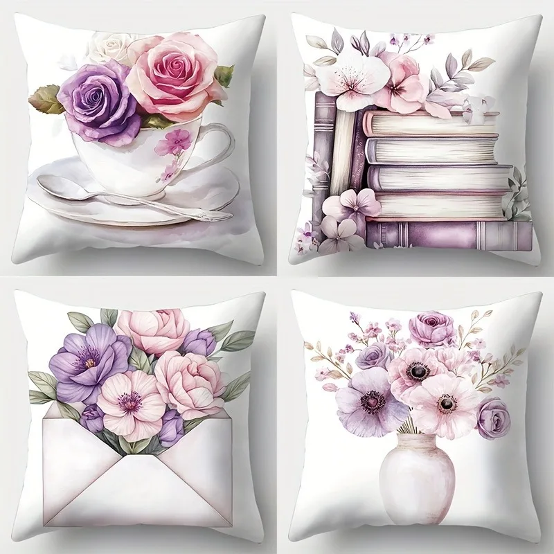 Vase, rose and book element print pillowcase home decoration pillowcase bedroom living room polyester cushion cover