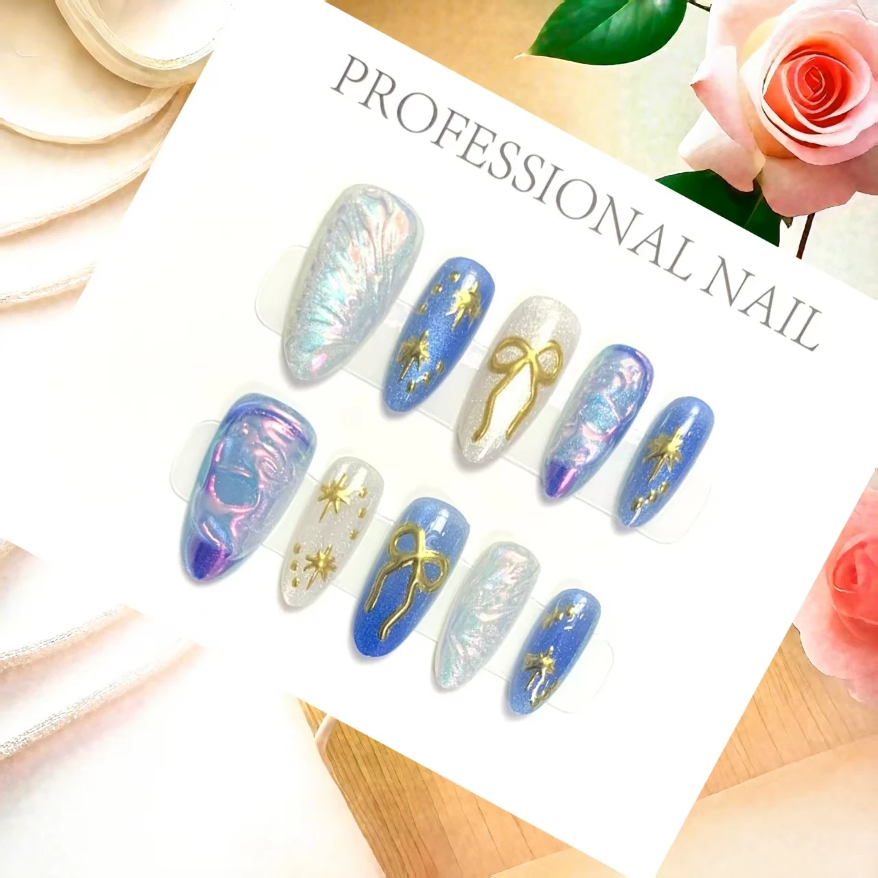 10 قطع من أظافر اللوز الفاخرة مع تصميم فراشة لامعة تتضمن أدوات مكونة من 4 قطع وعلامات لاصقة للأظافر الفائقة