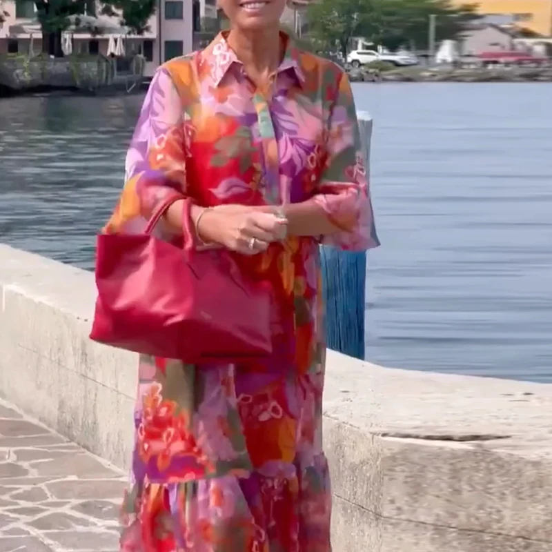 Abito taglie forti da donna Abito lungo stampato con fiori colloari rovesciati Abiti Boho Beach Holidyay per donna Mezza manica casual ampia