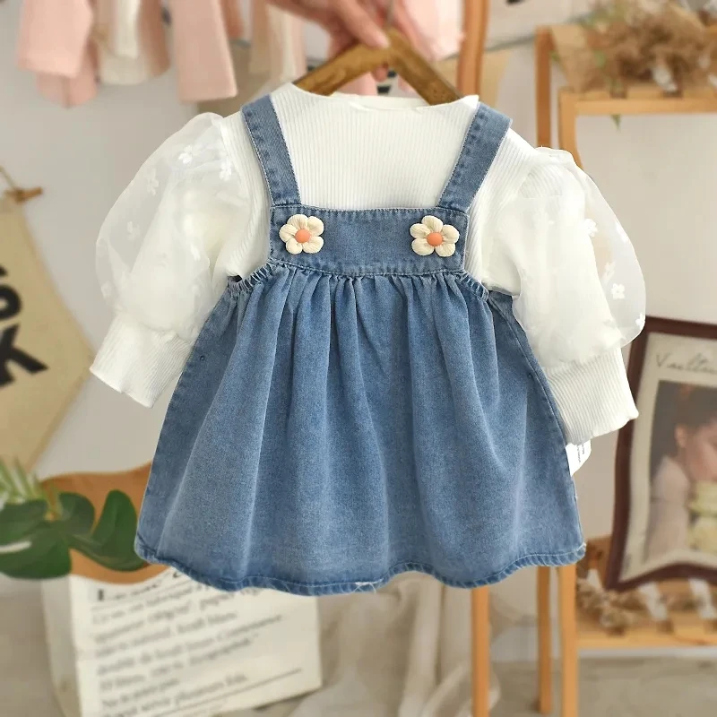 Girls Clothing Set 2023 New Spring and Autumn Children's Baby Skirt Long Sleeve T-shirt 2-piece Girls' Denim Skirt Set