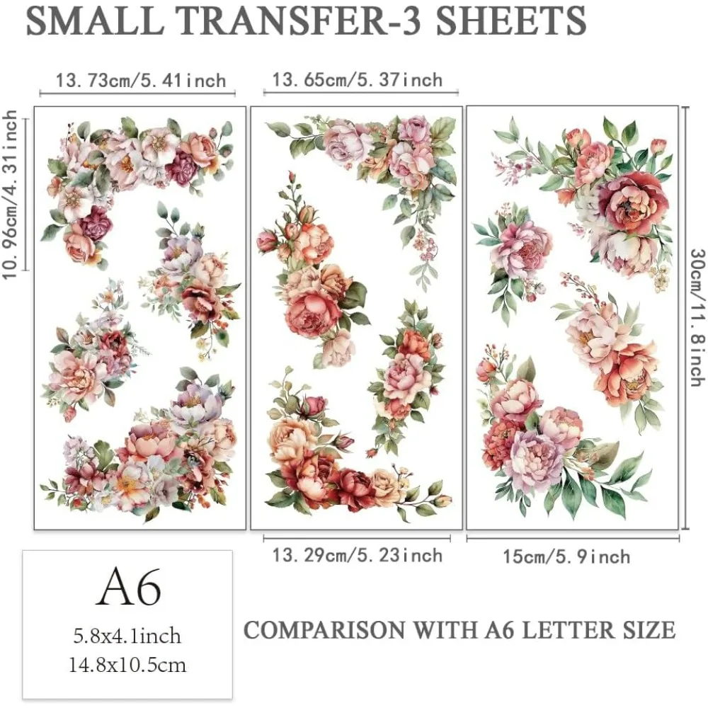 3pcs/Set Corner Flower Rub on Transfers for Furniture and Crafts 6x12 inch Roses Peonies Decor Transfer Stickers making kit image 2