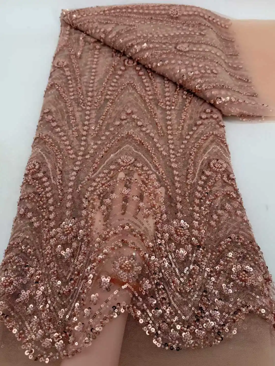 

New Arrival African Crystal Beaded French Mesh Lace High Quality Nigerian Embroidery Sequins Tulle Lace For Wedding Dress.