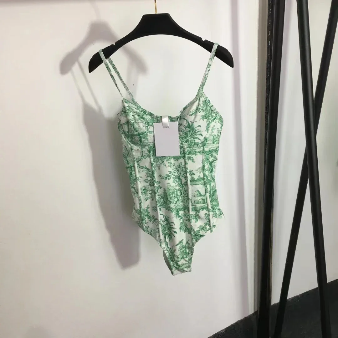 Conjunto de traje de baño de marca de lujo para mujer, traje de baño clásico con estampado de bosque verde sin tirantes, diseño de moda, Bikini Sexy, conjuntos de falda de playa