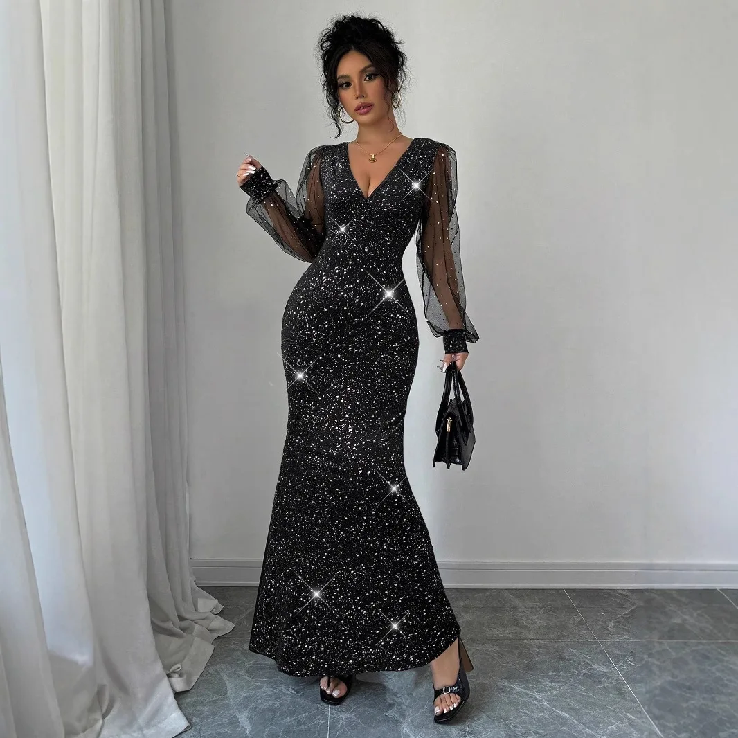 

Elegant and Sexy Mesh Sleeve Evening Dress Fishtail Sequined Sheath Women Dress