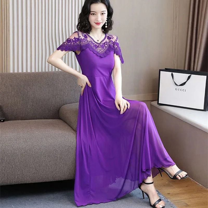 2024 Elegant Summer Women's Chiffon Dress Mesh Lace Party Maxi Dresses Female Large Size 4XL Short Sleeves Bohemia Beach Dresses