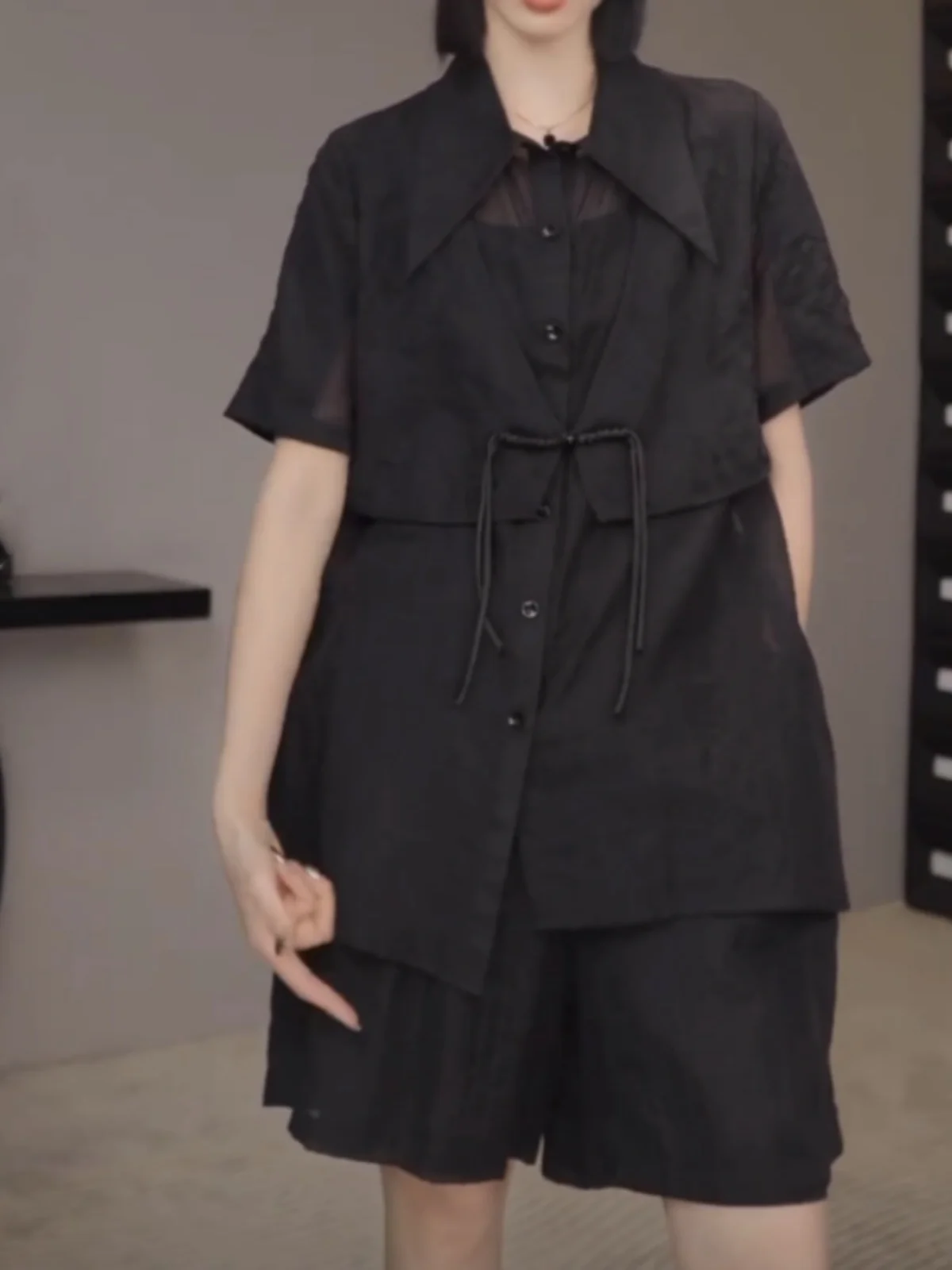 

Summer Casual Dark Floral Shirt Shorts Set plus Size Fashionable Breathable Polyester Fiber Button up Loose Fit Women's Ensemble