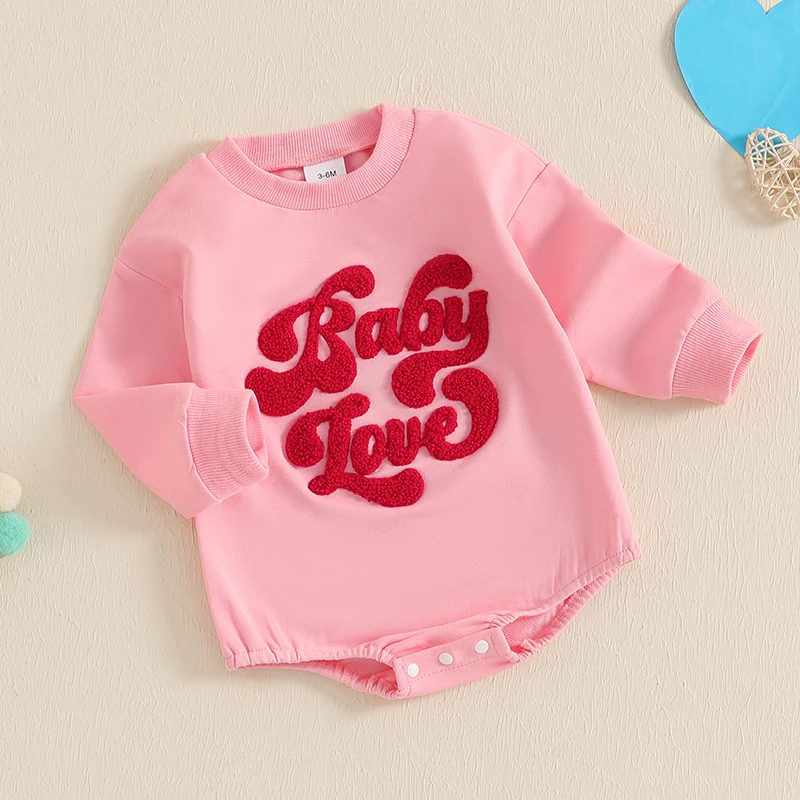 0-18M Baby Girls Valentine's Day Romper Long Sleeve O Neck Plush 3D Letter Embroidery Sweatshirt Rompers