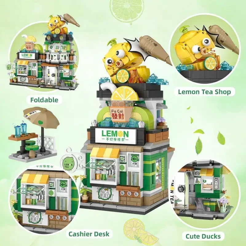 Street View Mini Building Blocks Set Chinese Hippest Dish Store Model Aldults Toys Lemon Tea Shop River Snails Rice Noodle Shop