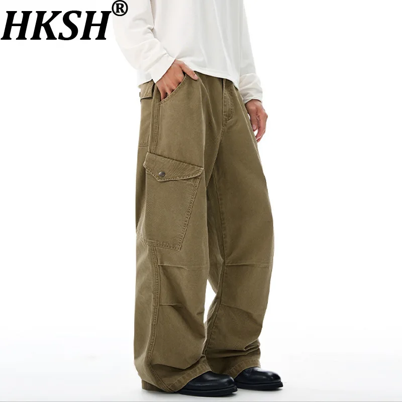 

HKSH Straight Washed Safari Style Cargo Pants Men Punk Vintage Wrinkle Design Multi-Pocket Casual Trend Techwear Outdoor HK10852